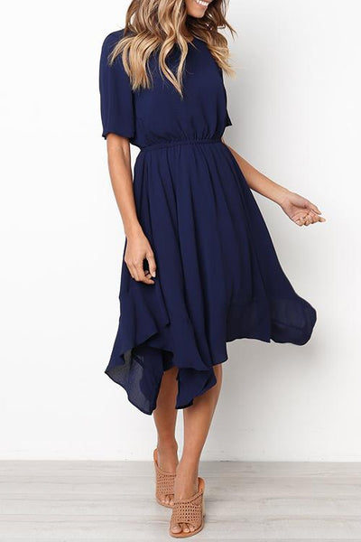 Round Neck Flared Sleeves Mid Calf Dress (3 colors)