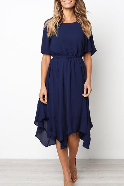 Round Neck Flared Sleeves Mid Calf Dress (3 colors)