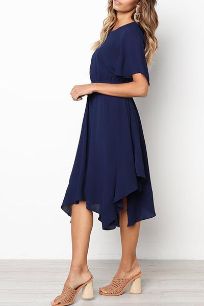Round Neck Flared Sleeves Mid Calf Dress (3 colors)