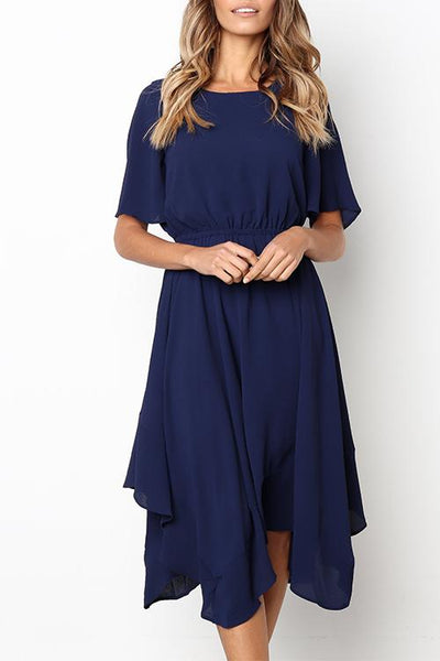 Round Neck Flared Sleeves Mid Calf Dress (3 colors)