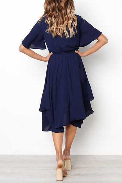 Round Neck Flared Sleeves Mid Calf Dress (3 colors)