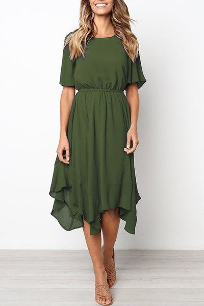 Round Neck Flared Sleeves Mid Calf Dress (3 colors)