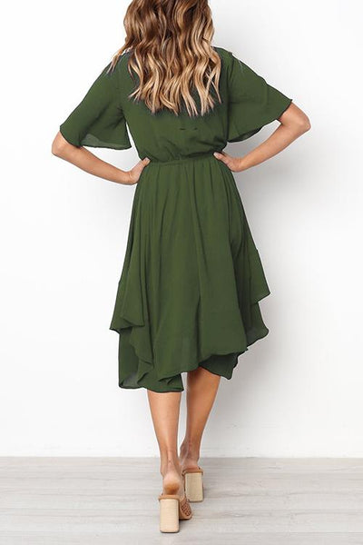 Round Neck Flared Sleeves Mid Calf Dress (3 colors)
