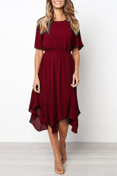 Round Neck Flared Sleeves Mid Calf Dress (3 colors)