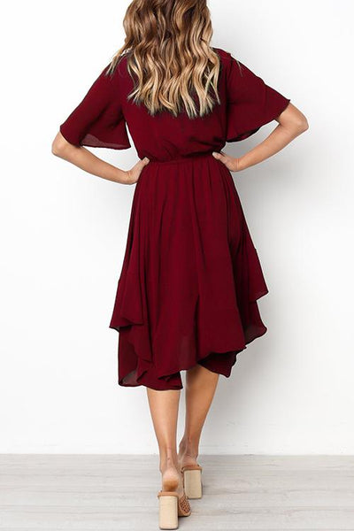 Round Neck Flared Sleeves Mid Calf Dress (3 colors)