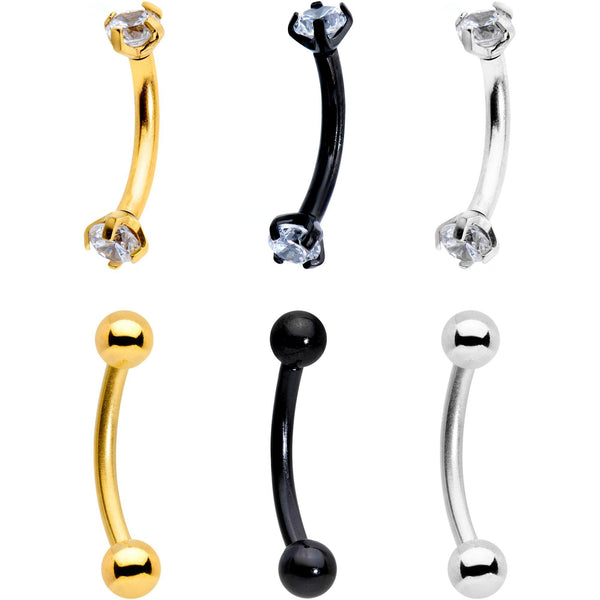 3/8'' Clear CZ Gem PVD Curved Eyebrow Ring Set of 6
