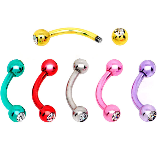 16 Gauge CZ Color Plated Internally Threaded Curved Eyebrow Ring 6 Pack